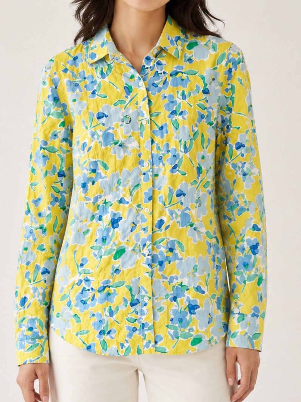 J. McLaughlin Lois Floral Yellow Blue Watercolor Print Button Down Blouse
